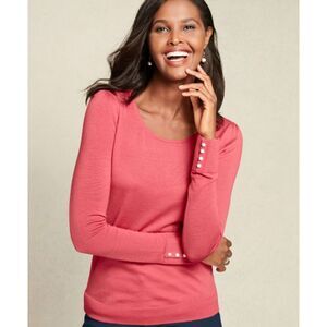Talbots Gathered Shoulder 100% Pure Merino Wool Sweater Pearl Cuffs Women's M